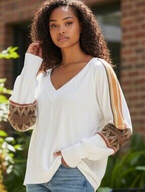 POL White V-Neck Top with Striped & Patterned Sleeve Accents #LS4